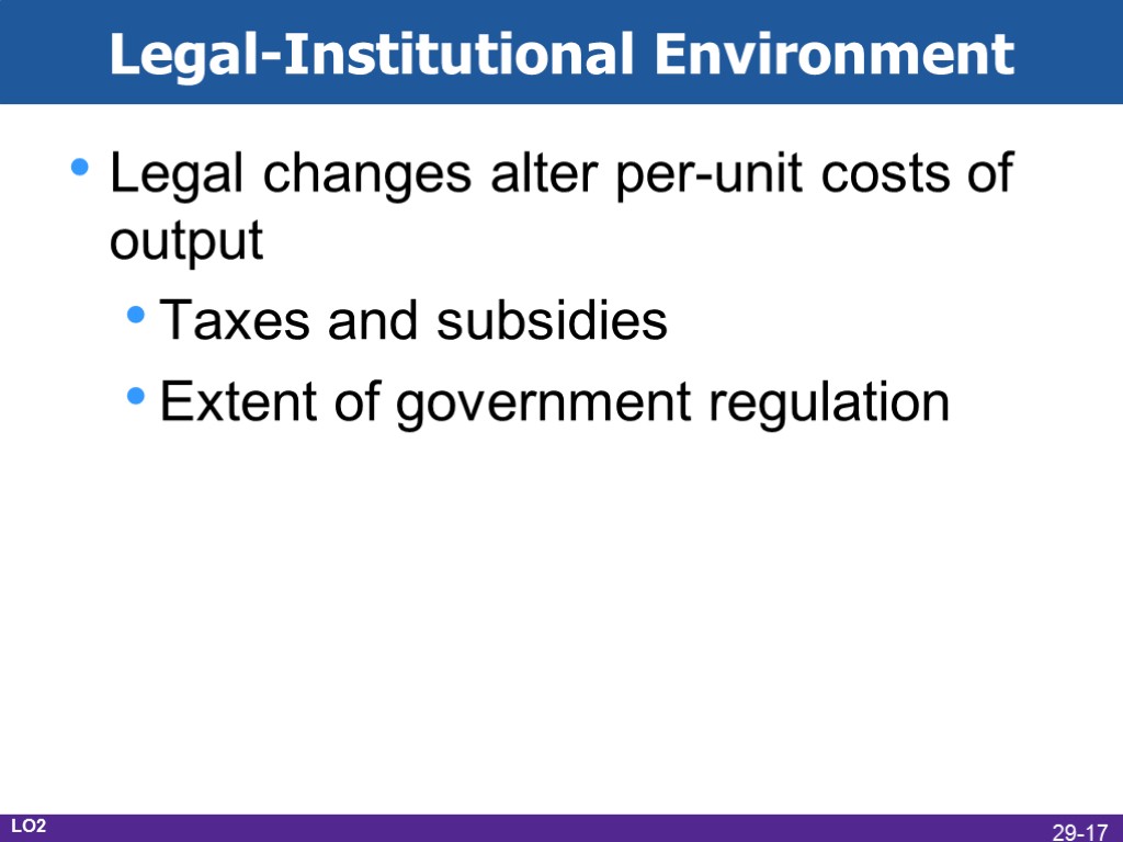 Legal-Institutional Environment Legal changes alter per-unit costs of output Taxes and subsidies Extent of